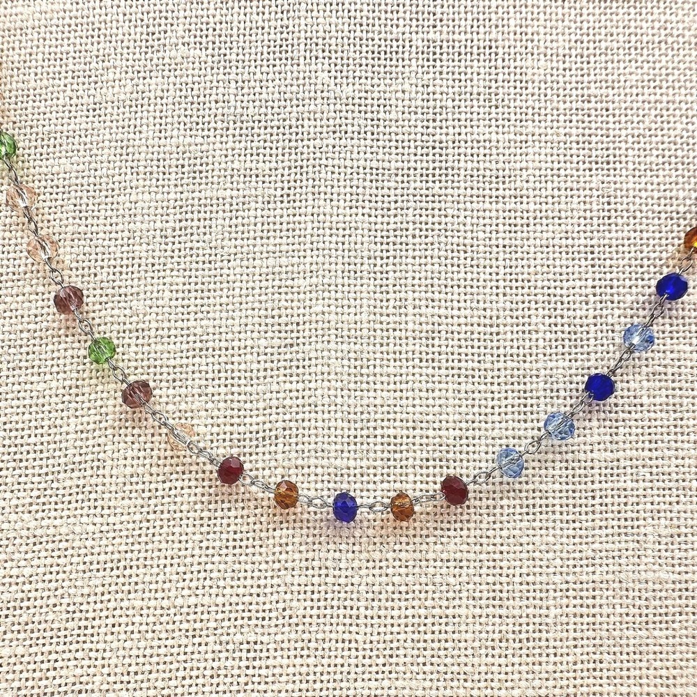 Vintage 80s Rainbow Crystal Bead Necklace Chakra Glass Alloy Cable Chain Jewelry